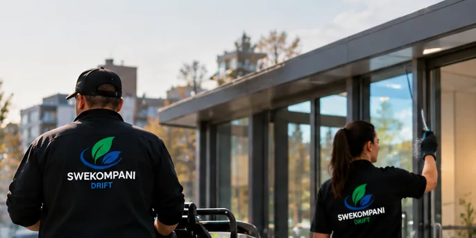 Personal från Swekompani Drift vid en fastighet, en av dem putsar fönster