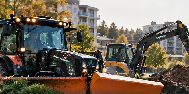Traktor med plogblad och grävmaskin i markarbete vid ett bostadsområde